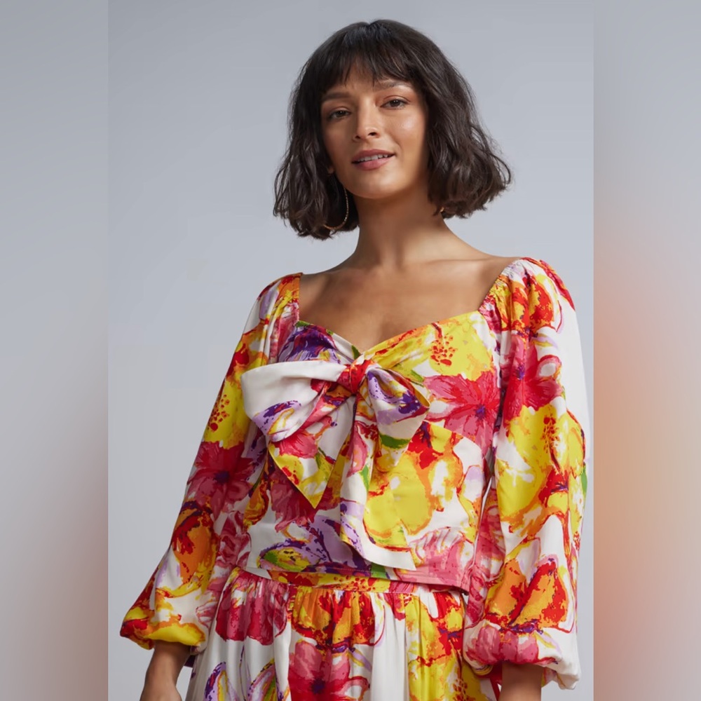 Floral-Print Tie-Front Balloon-Sleeve Top